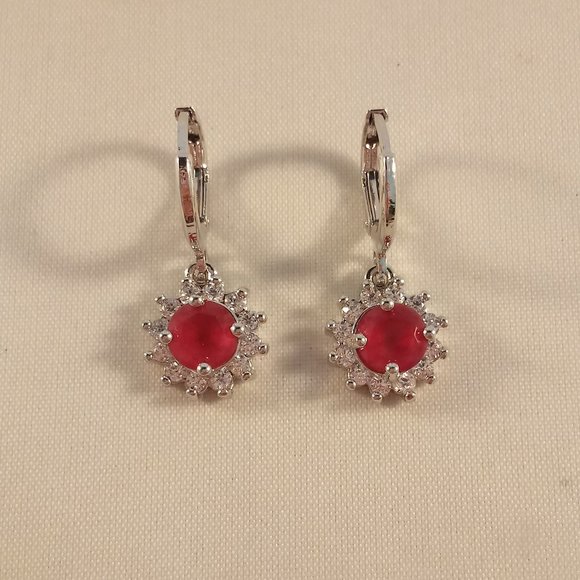 18K White Gold Filled Ruby Red Diamond Zircon Sunflower Drop Earrings Gorgeous - Picture 2 of 3